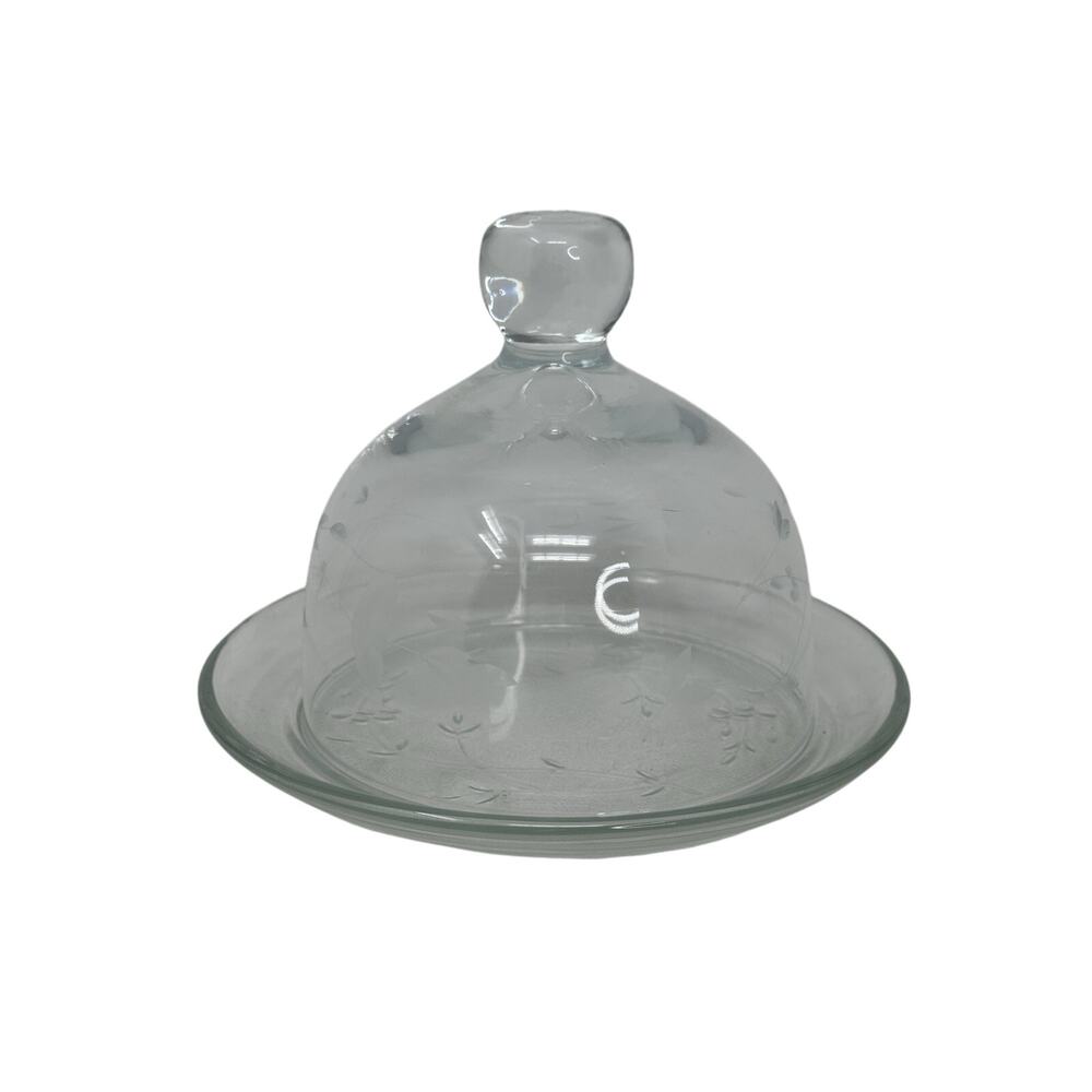 Vintage Princess House Heritage Butter Dish with Dome Etched Floral Glass Cloche